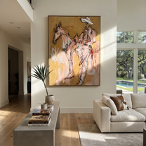 Still Hands Ride Ochre - sketch horse and rider painting by Ethan Mercer, contemporary Western vertical wall art – styled room scene view 1