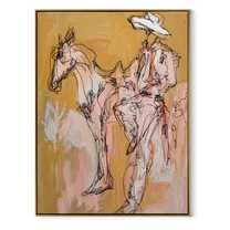 Still Hands Ride Ochre - sketch horse and rider painting by Ethan Mercer, contemporary Western vertical wall art – wood frame on white background