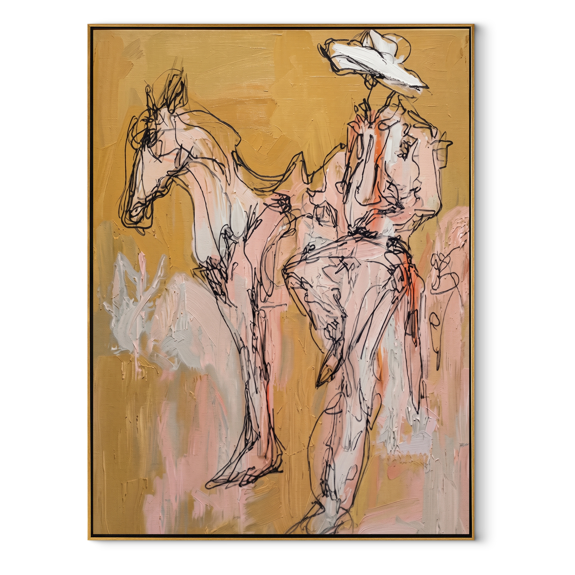 Still Hands Ride Ochre - sketch horse and rider painting by Ethan Mercer, contemporary Western vertical wall art – wood frame on white background