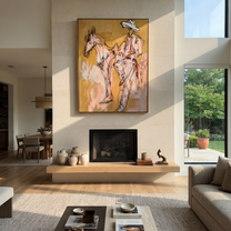 Still Hands Ride Ochre - sketch horse and rider painting by Ethan Mercer, contemporary Western vertical wall art – styled room scene view 2