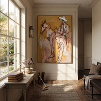 Still Hands Ride Ochre - sketch horse and rider painting by Ethan Mercer, contemporary Western vertical wall art – styled room scene view 3