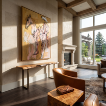 Still Hands Ride Ochre - sketch horse and rider painting by Ethan Mercer, contemporary Western vertical wall art – styled room scene view 4
