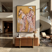 Still Hands Ride Ochre - sketch horse and rider painting by Ethan Mercer, contemporary Western vertical wall art – styled room scene view 5