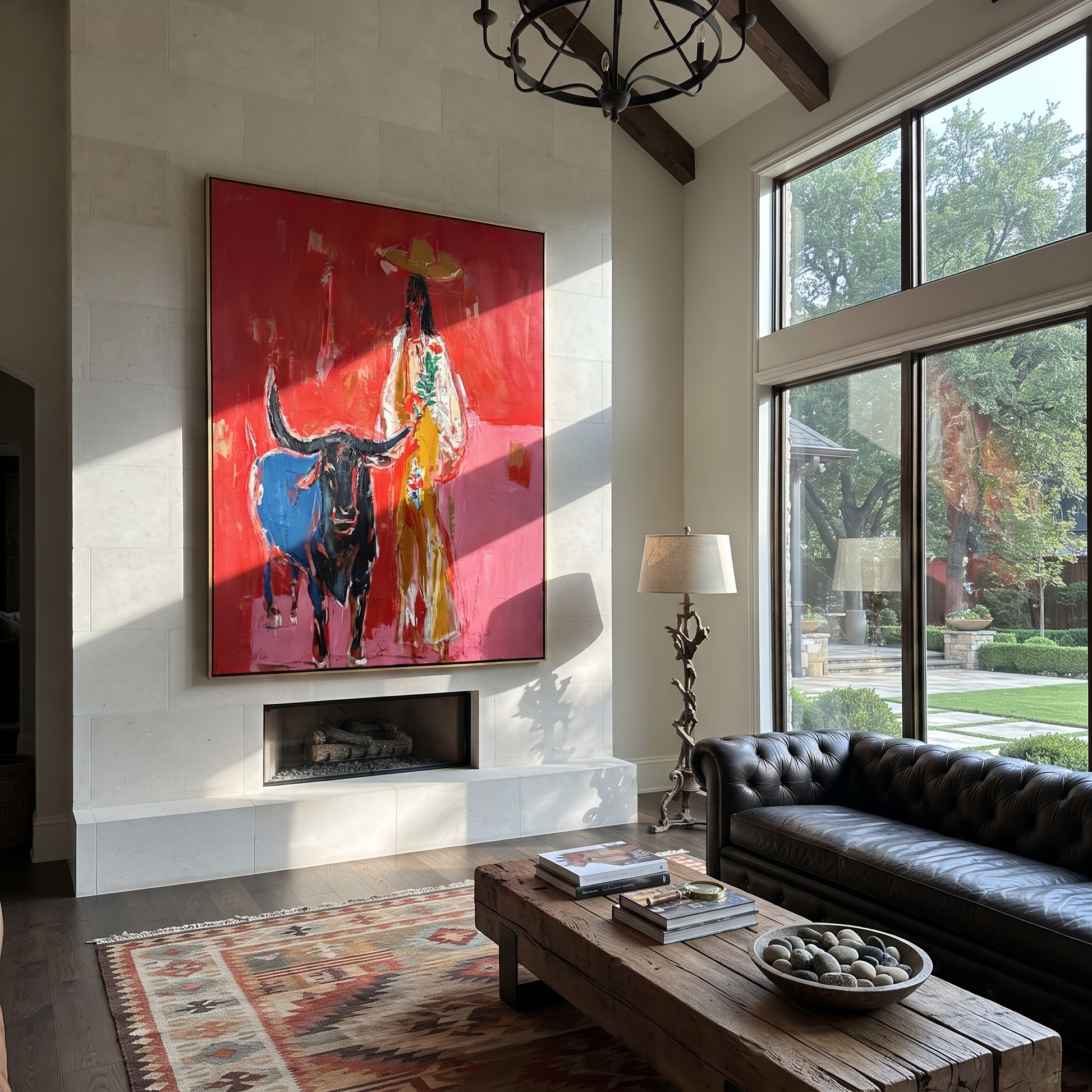 Floral Coat Guards Horns - longhorn and cowgirl painting by Ethan Mercer, contemporary Western vertical wall art – styled room scene view 1