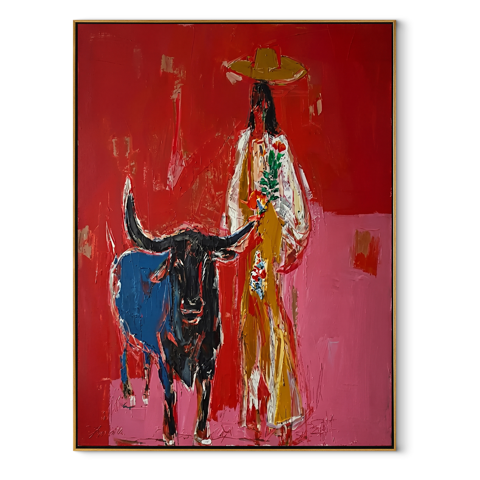 Floral Coat Guards Horns - longhorn and cowgirl painting by Ethan Mercer, contemporary Western vertical wall art – wood frame on white background