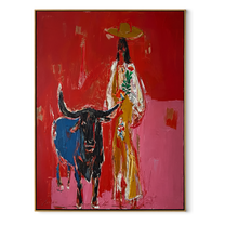 Floral Coat Guards Horns - longhorn and cowgirl painting by Ethan Mercer, contemporary Western vertical wall art – wood frame on white background