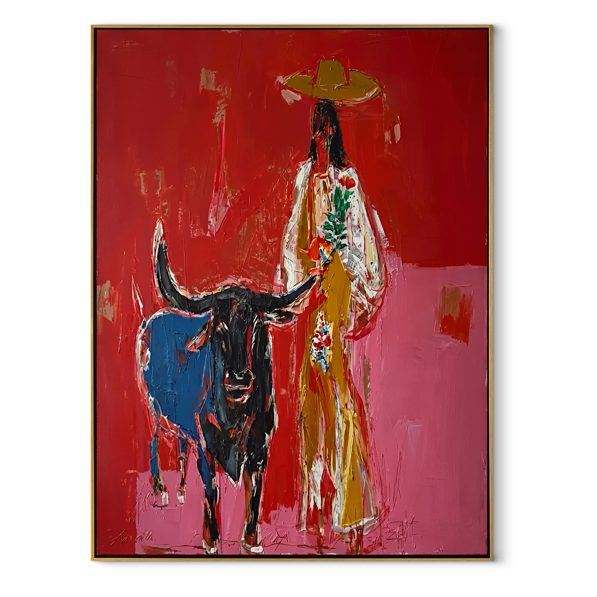 Floral Coat Guards Horns - longhorn and cowgirl painting by Ethan Mercer, contemporary Western vertical wall art – wood frame on white background