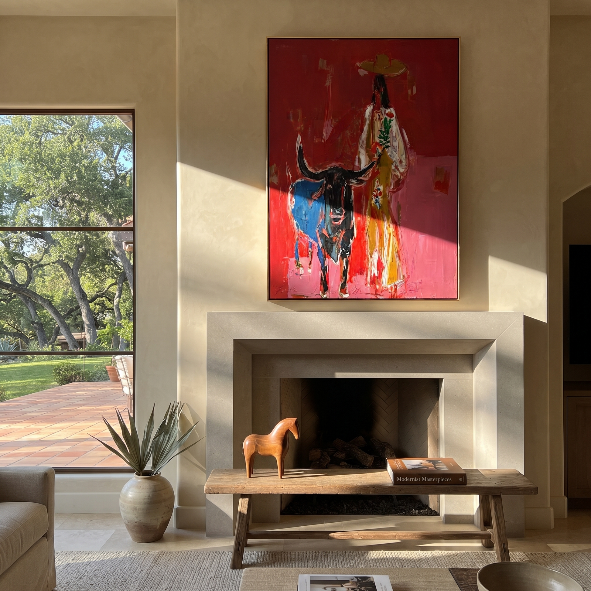 Floral Coat Guards Horns - longhorn and cowgirl painting by Ethan Mercer, contemporary Western vertical wall art – styled room scene view 2