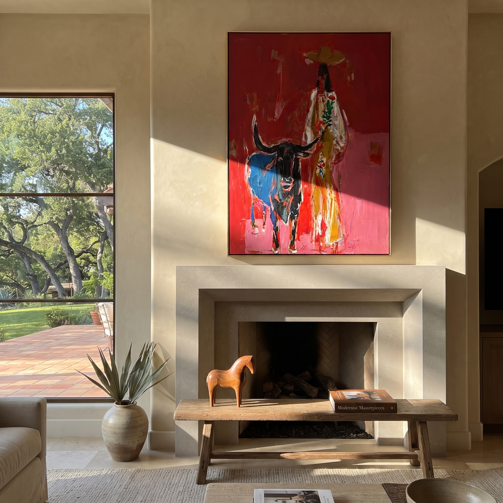 Floral Coat Guards Horns - longhorn and cowgirl painting by Ethan Mercer, contemporary Western vertical wall art – styled room scene view 2