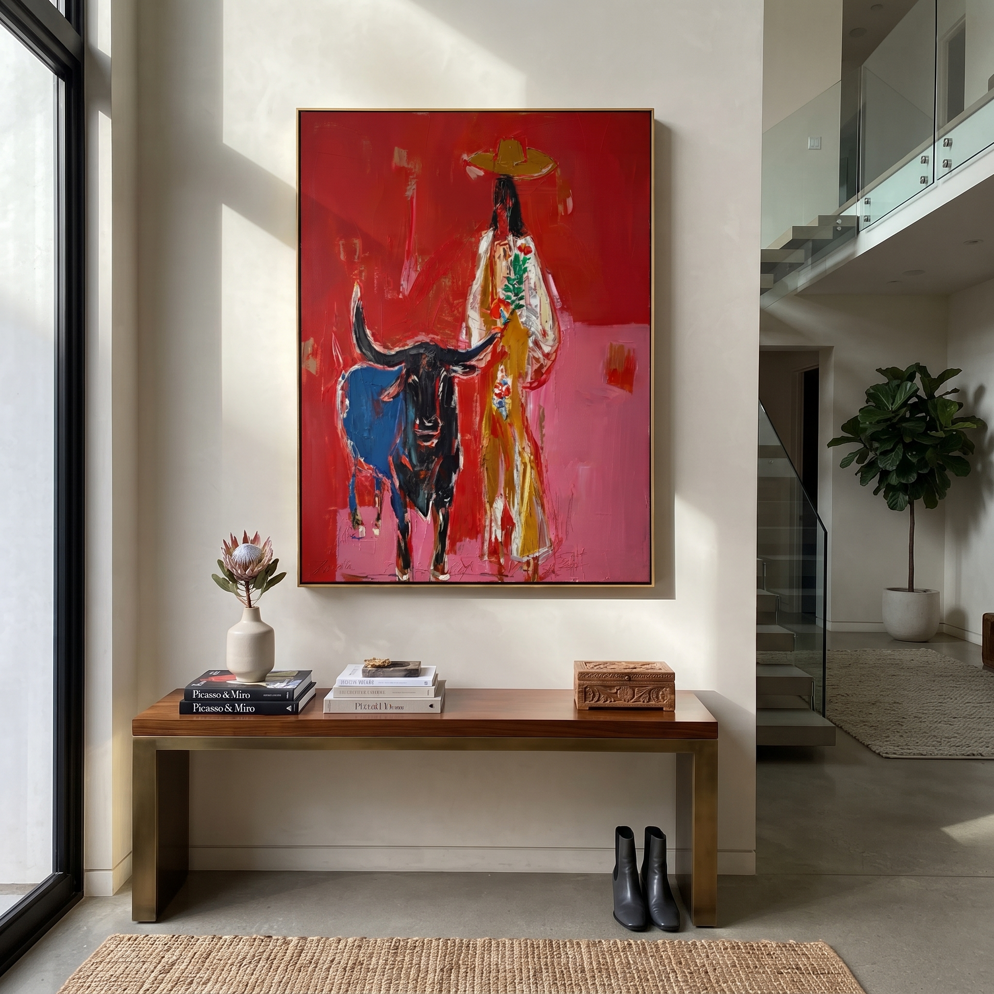 Floral Coat Guards Horns - longhorn and cowgirl painting by Ethan Mercer, contemporary Western vertical wall art – styled room scene view 3