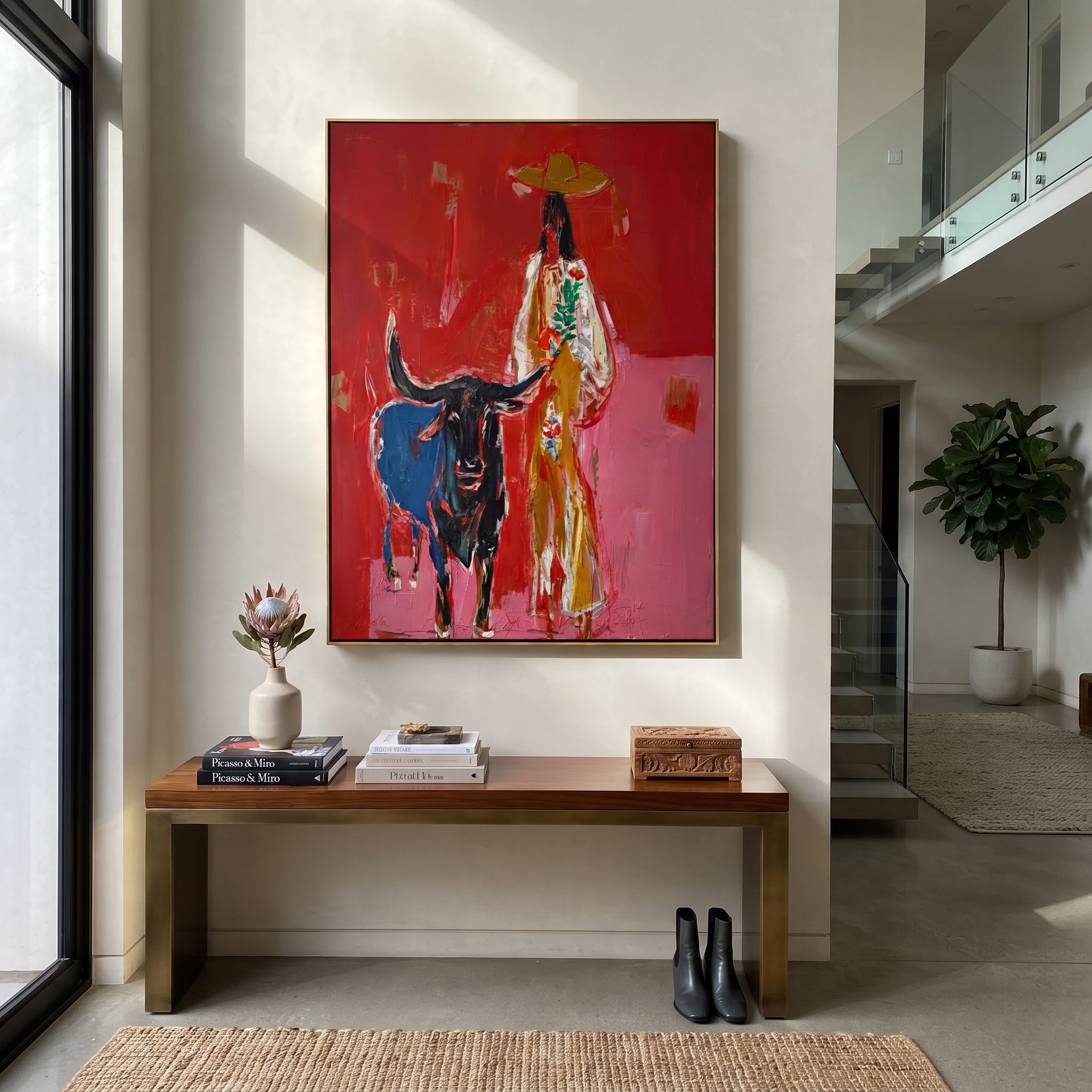 Floral Coat Guards Horns - longhorn and cowgirl painting by Ethan Mercer, contemporary Western vertical wall art – styled room scene view 3