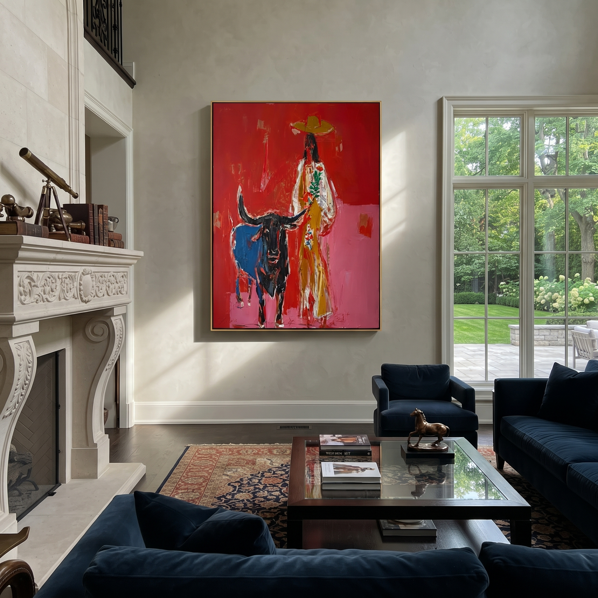 Floral Coat Guards Horns - longhorn and cowgirl painting by Ethan Mercer, contemporary Western vertical wall art – styled room scene view 4