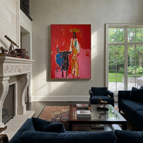 Floral Coat Guards Horns - longhorn and cowgirl painting by Ethan Mercer, contemporary Western vertical wall art – styled room scene view 4
