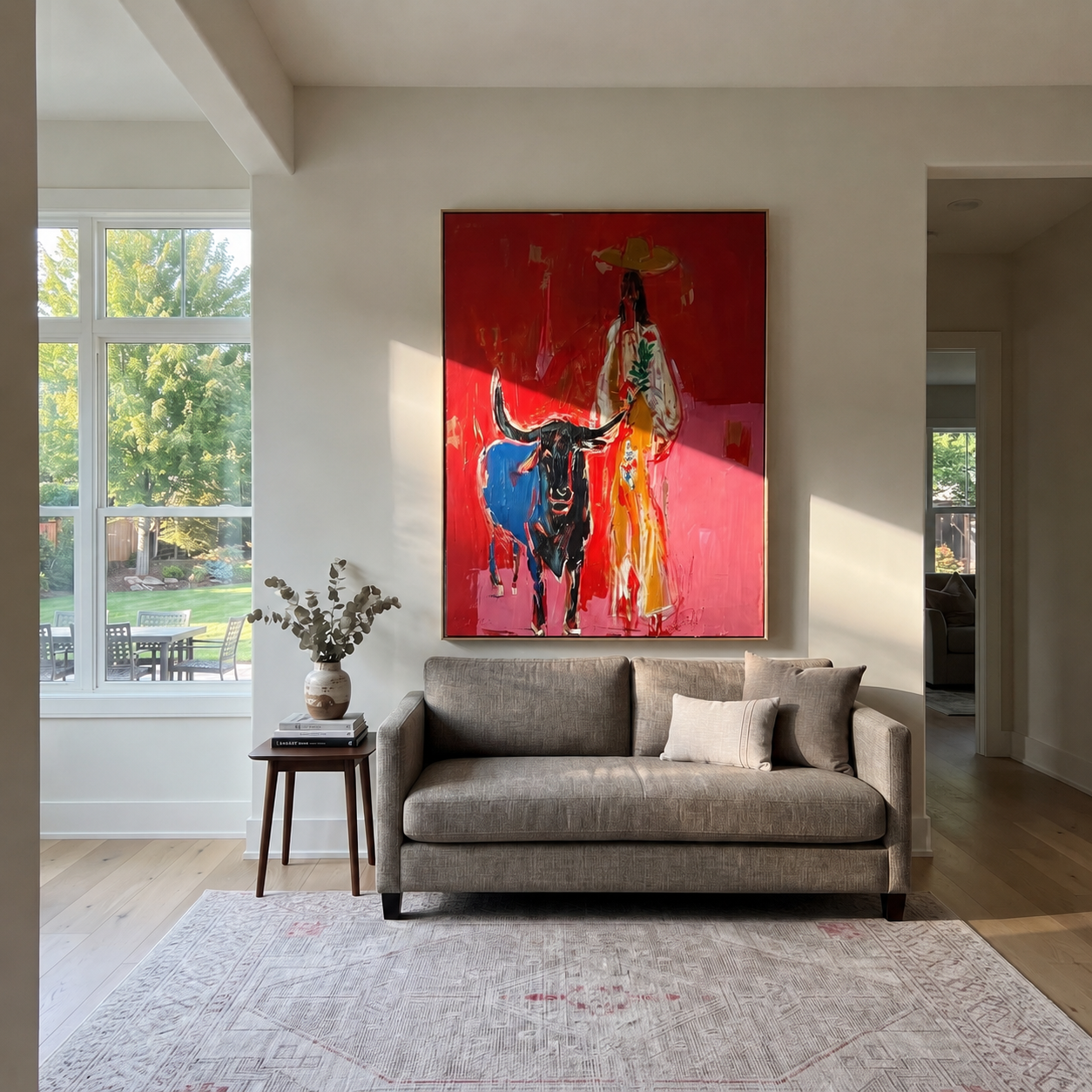 Floral Coat Guards Horns - longhorn and cowgirl painting by Ethan Mercer, contemporary Western vertical wall art – styled room scene view 5