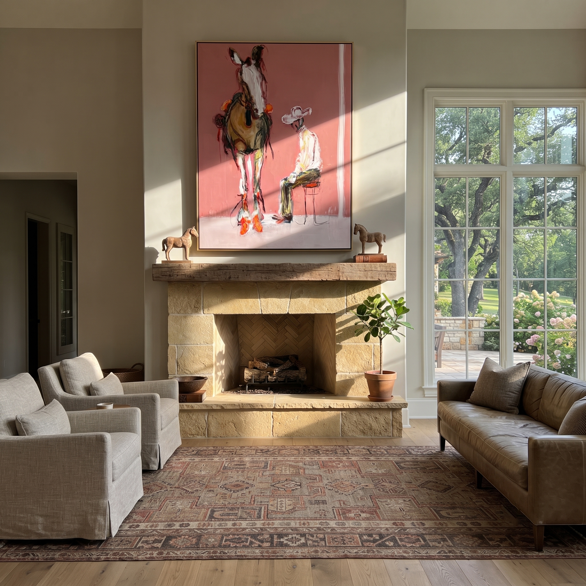 Quiet Chair Meets Horse - seated cowboy and horse painting by Ethan Mercer, contemporary Western vertical wall art – styled room scene view 1
