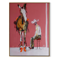 Quiet Chair Meets Horse - seated cowboy and horse painting by Ethan Mercer, contemporary Western vertical wall art – wood frame on white background