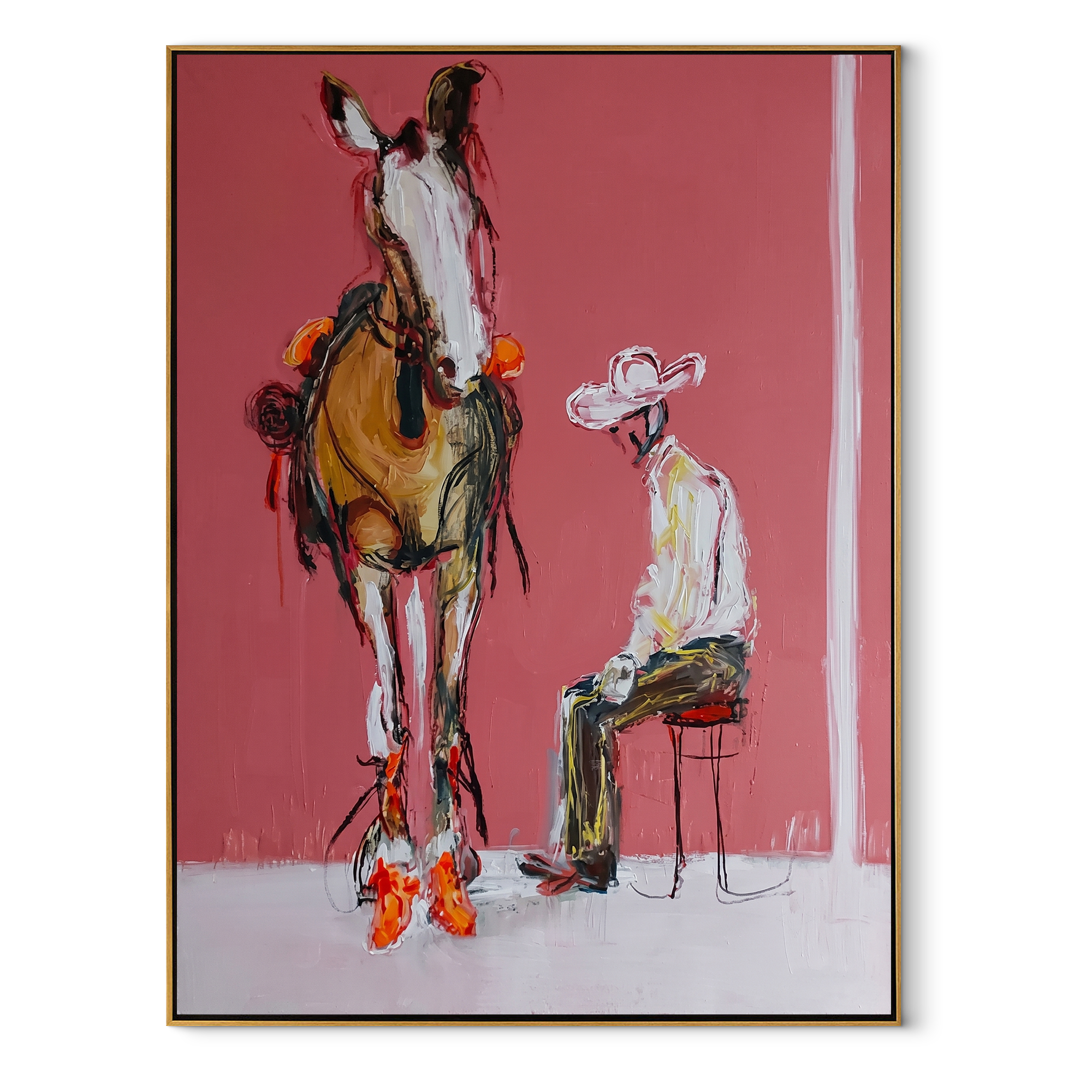 Quiet Chair Meets Horse - seated cowboy and horse painting by Ethan Mercer, contemporary Western vertical wall art – wood frame on white background