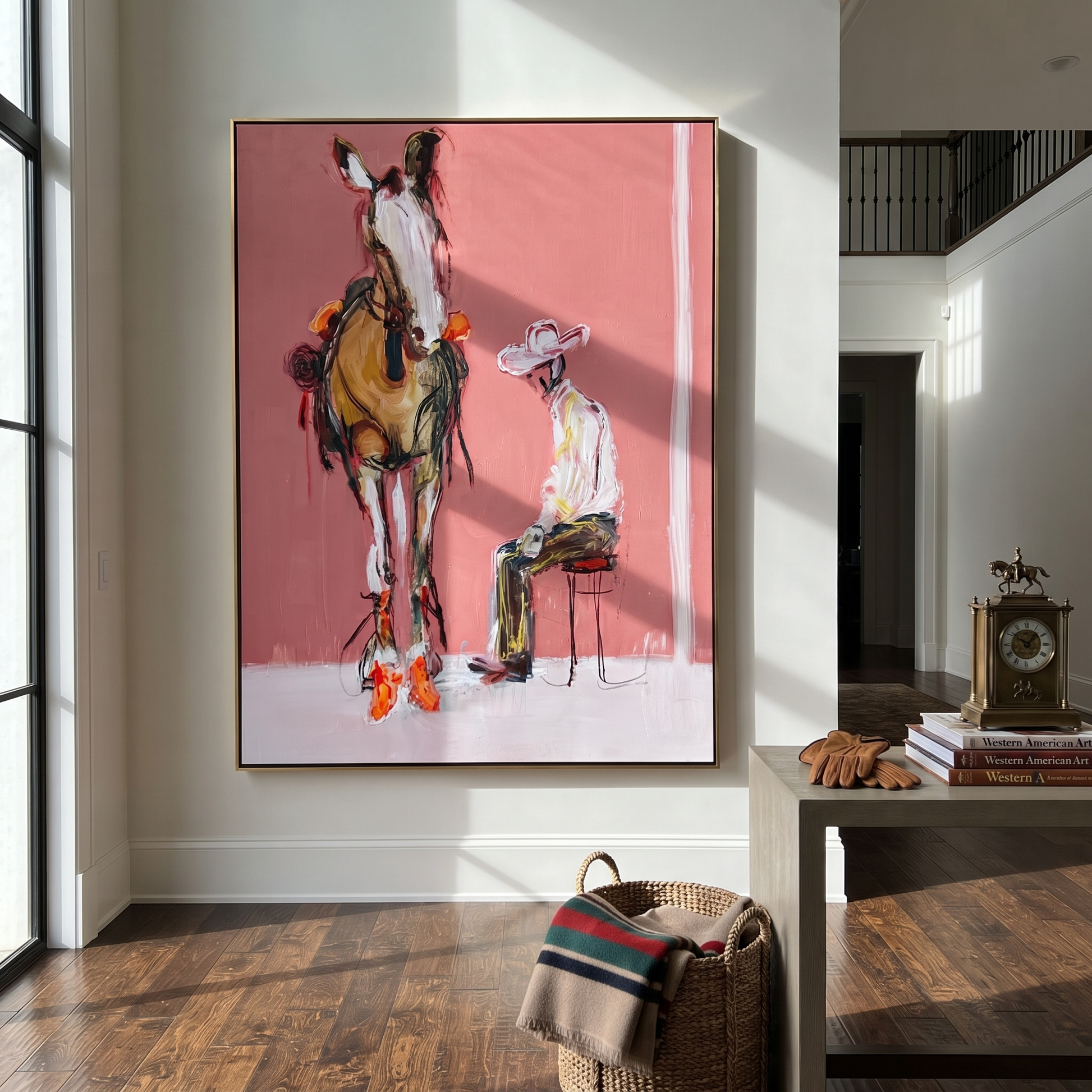 Quiet Chair Meets Horse - seated cowboy and horse painting by Ethan Mercer, contemporary Western vertical wall art – styled room scene view 3
