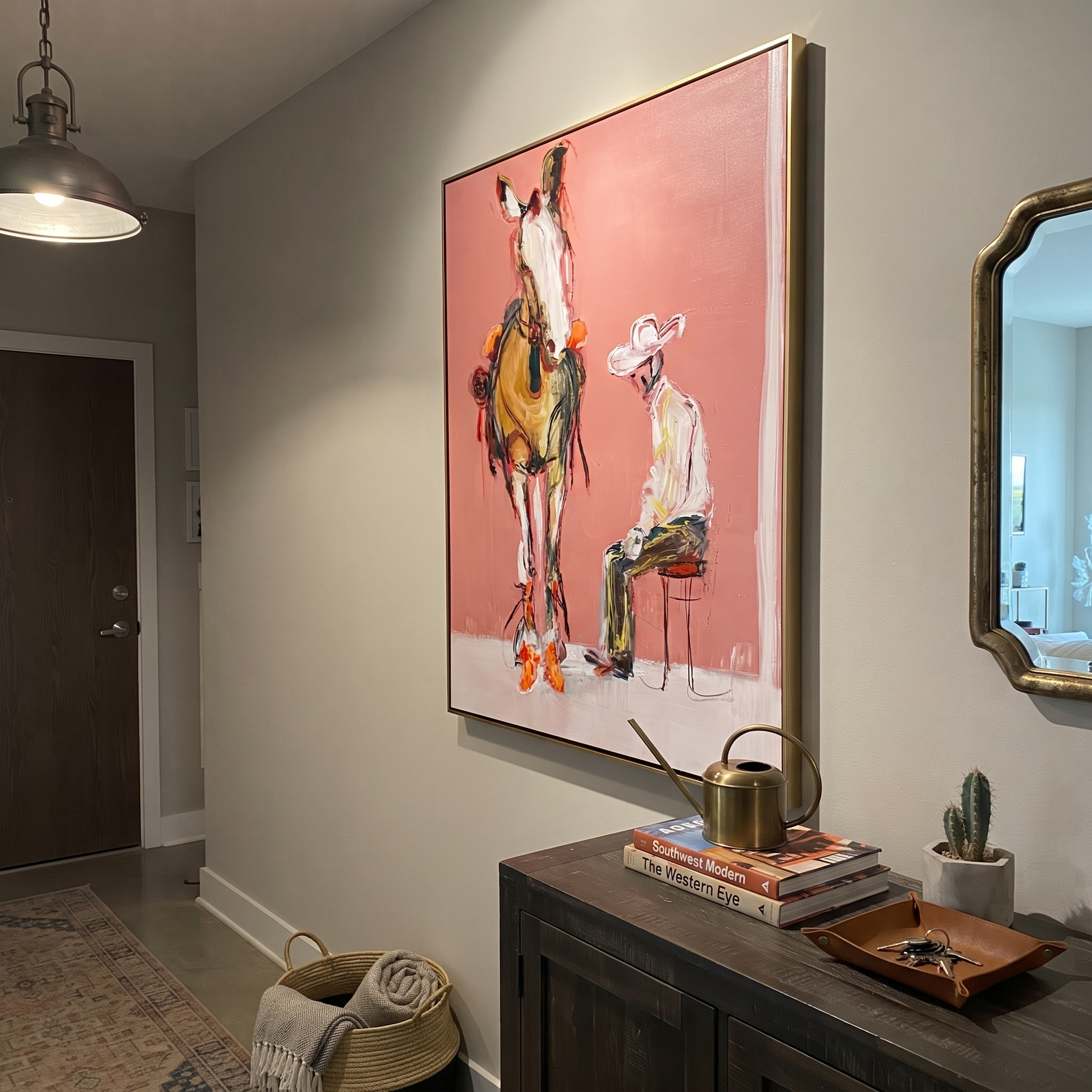 Quiet Chair Meets Horse - seated cowboy and horse painting by Ethan Mercer, contemporary Western vertical wall art – styled room scene view 4