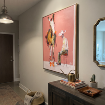 Quiet Chair Meets Horse - seated cowboy and horse painting by Ethan Mercer, contemporary Western vertical wall art – styled room scene view 4