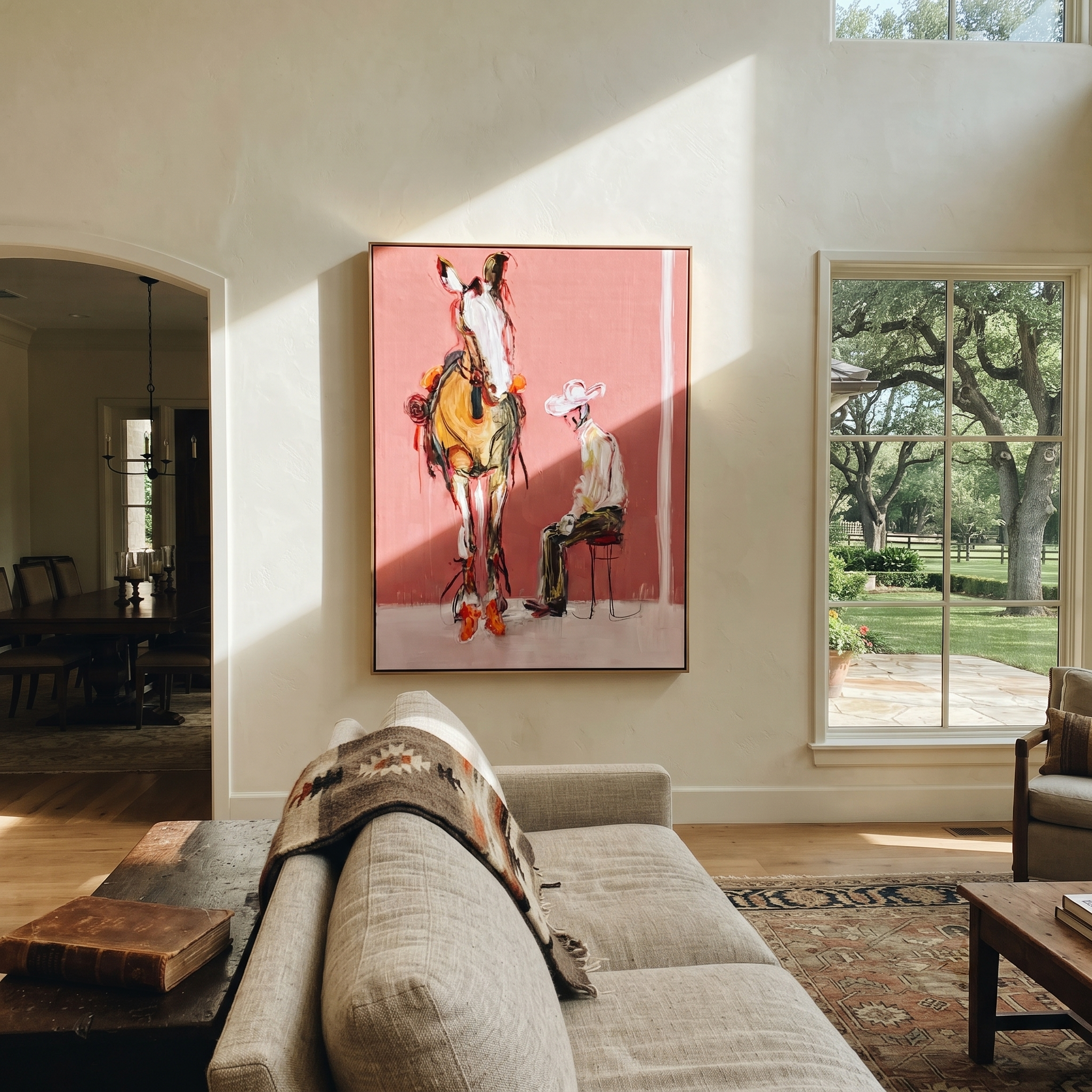 Quiet Chair Meets Horse - seated cowboy and horse painting by Ethan Mercer, contemporary Western vertical wall art – styled room scene view 5