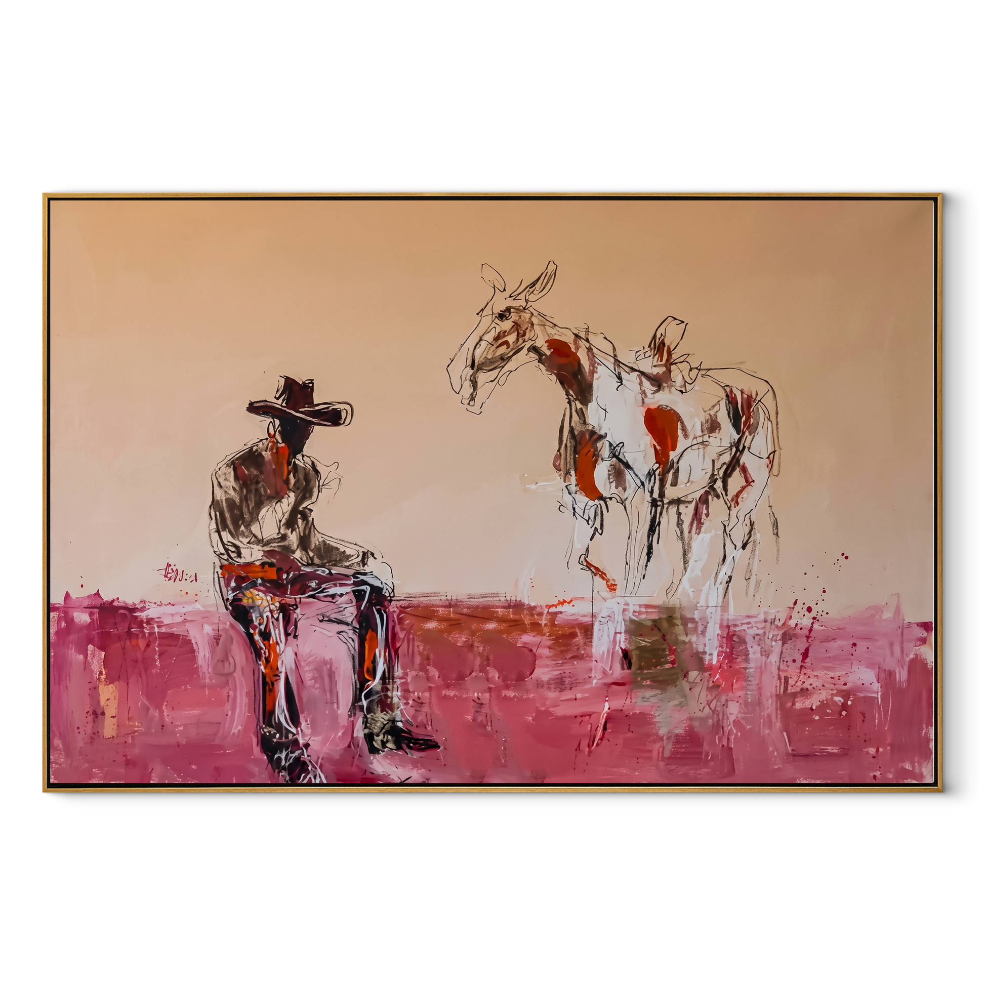 Pink Dust Holds Distance - cowboy and paint horse painting by Ethan Mercer, contemporary Western horizontal wall art – wood frame on white background
