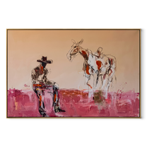 Pink Dust Holds Distance - cowboy and paint horse painting by Ethan Mercer, contemporary Western horizontal wall art – wood frame on white background