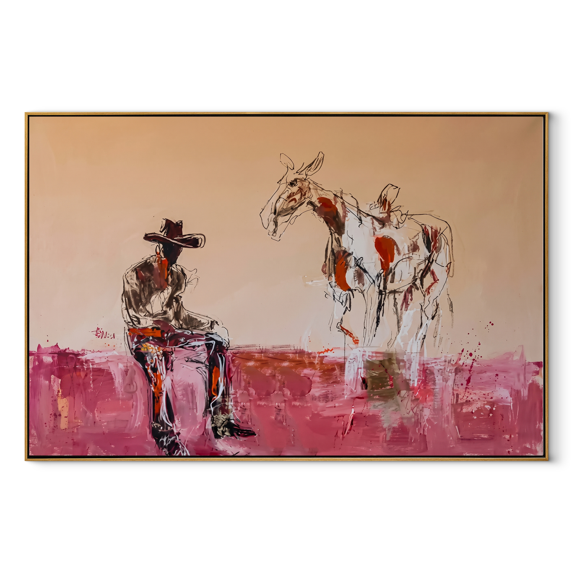 Pink Dust Holds Distance - cowboy and paint horse painting by Ethan Mercer, contemporary Western horizontal wall art – wood frame on white background