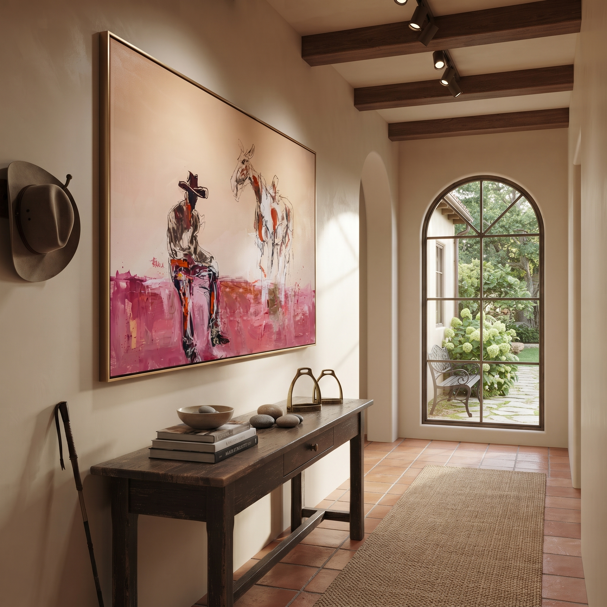 Pink Dust Holds Distance - cowboy and paint horse painting by Ethan Mercer, contemporary Western horizontal wall art – styled room scene view 2
