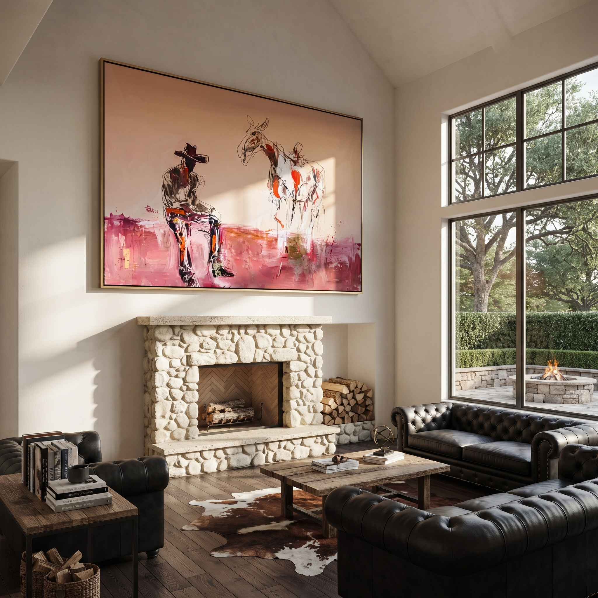 Pink Dust Holds Distance - cowboy and paint horse painting by Ethan Mercer, contemporary Western horizontal wall art – styled room scene view 3