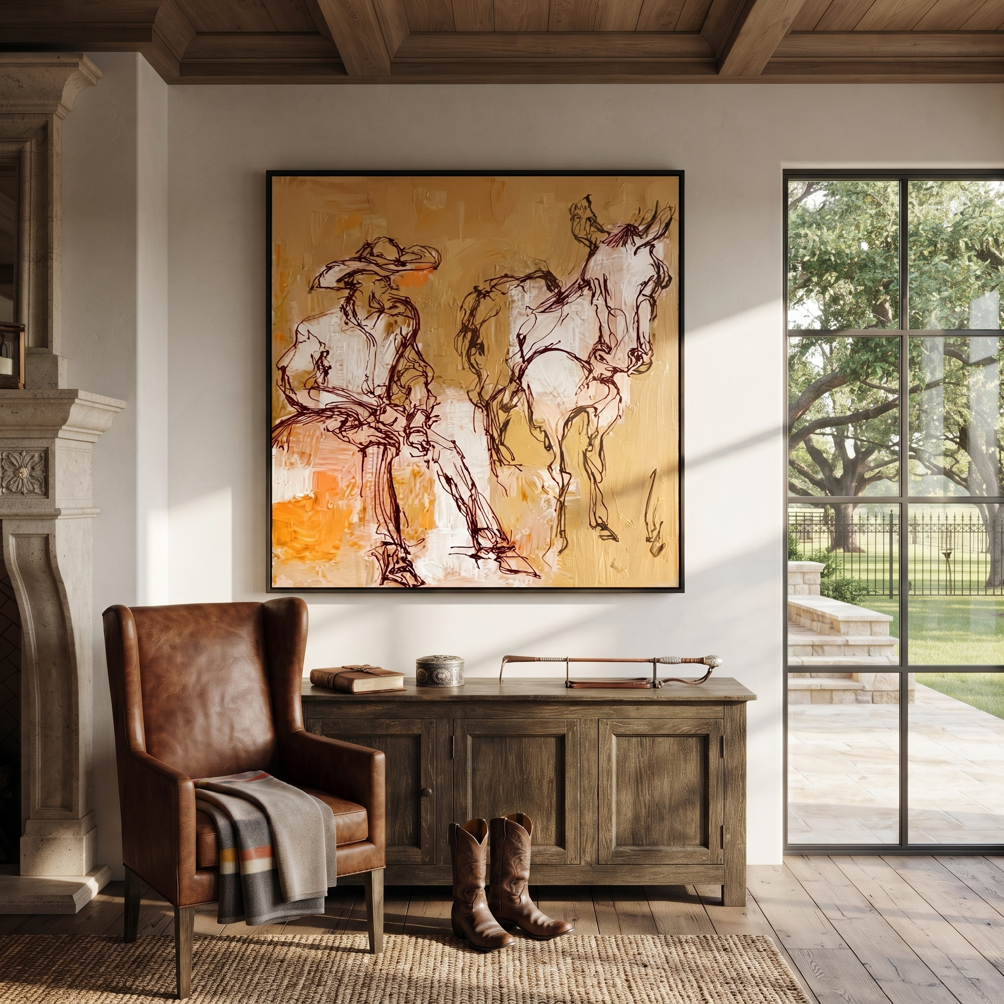 Pale Reins Pause Together - cowboy and white horse painting by Ethan Mercer, contemporary Western square wall art – styled room scene view 1