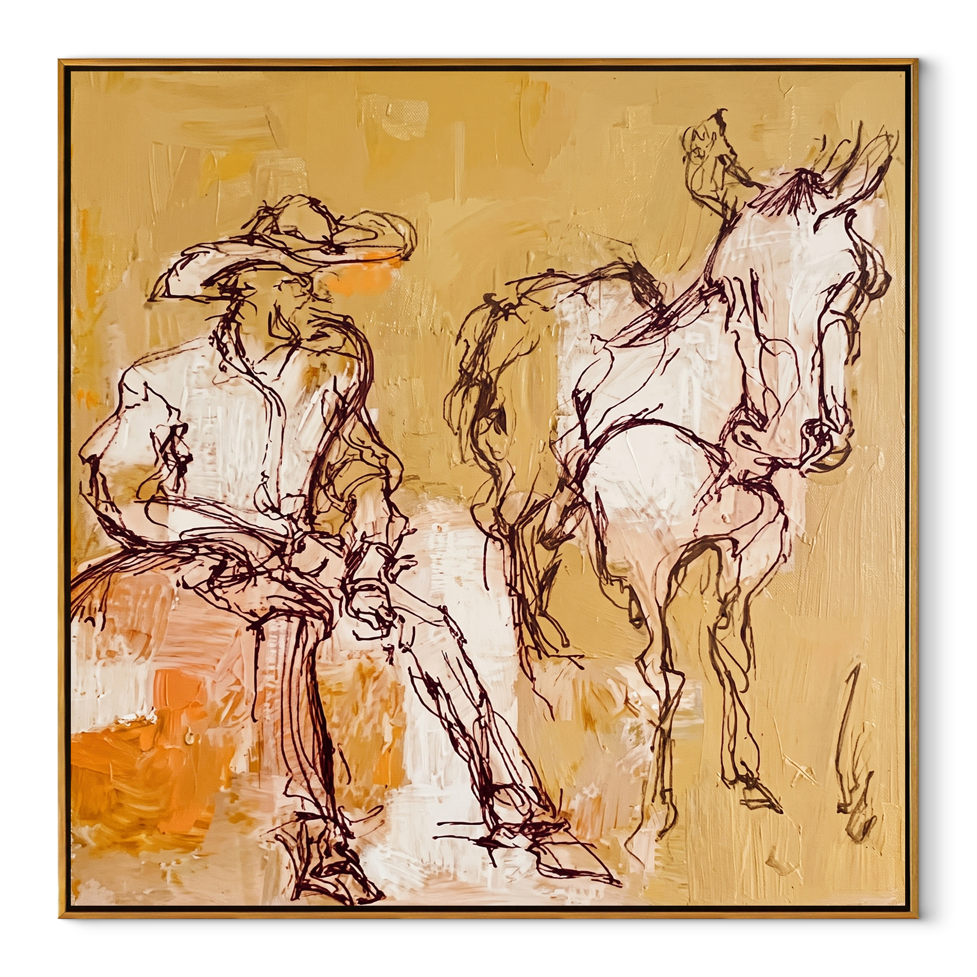 Pale Reins Pause Together - cowboy and white horse painting by Ethan Mercer, contemporary Western square wall art – wood frame on white background