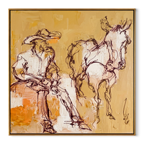 Pale Reins Pause Together - cowboy and white horse painting by Ethan Mercer, contemporary Western square wall art – wood frame on white background