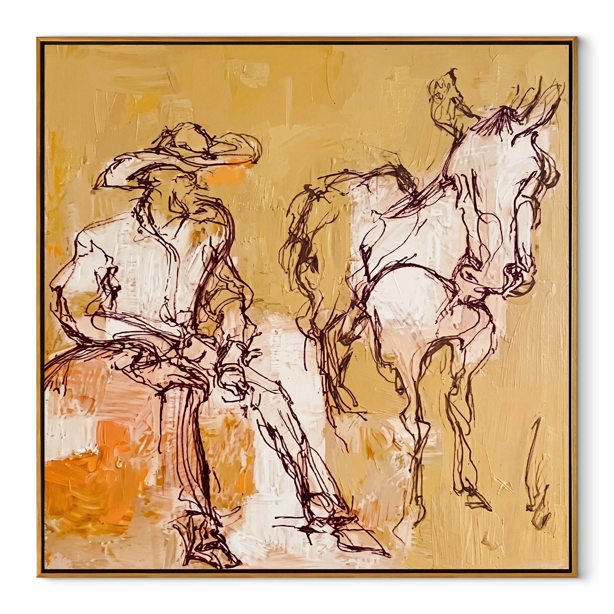 Pale Reins Pause Together - cowboy and white horse painting by Ethan Mercer, contemporary Western square wall art – wood frame on white background