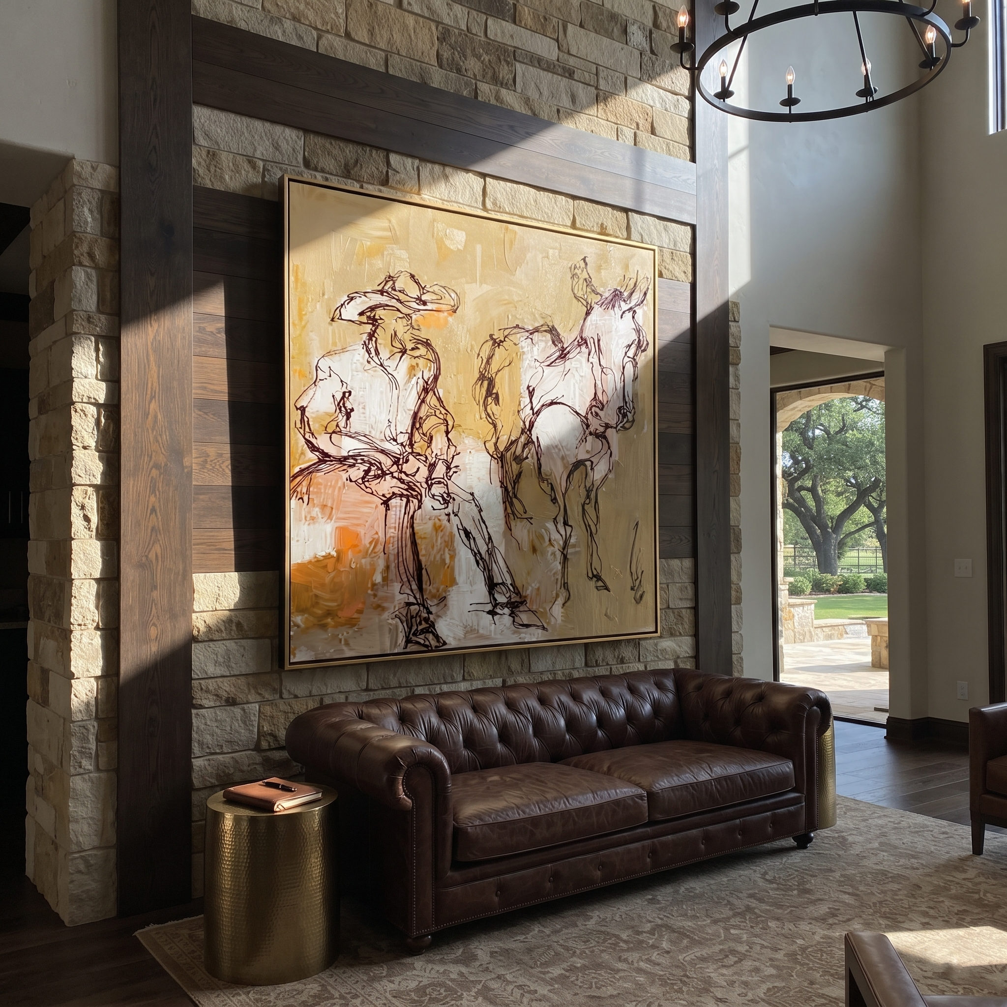 Pale Reins Pause Together - cowboy and white horse painting by Ethan Mercer, contemporary Western square wall art – styled room scene view 2