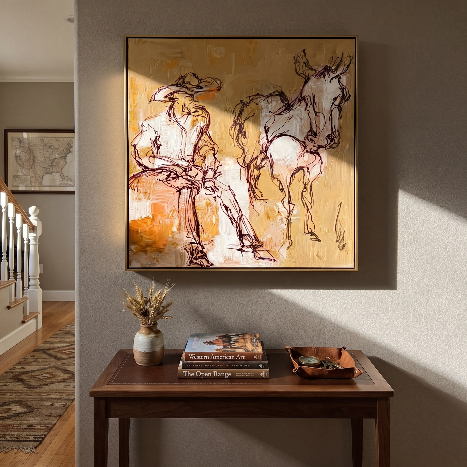 Pale Reins Pause Together - cowboy and white horse painting by Ethan Mercer, contemporary Western square wall art – styled room scene view 3