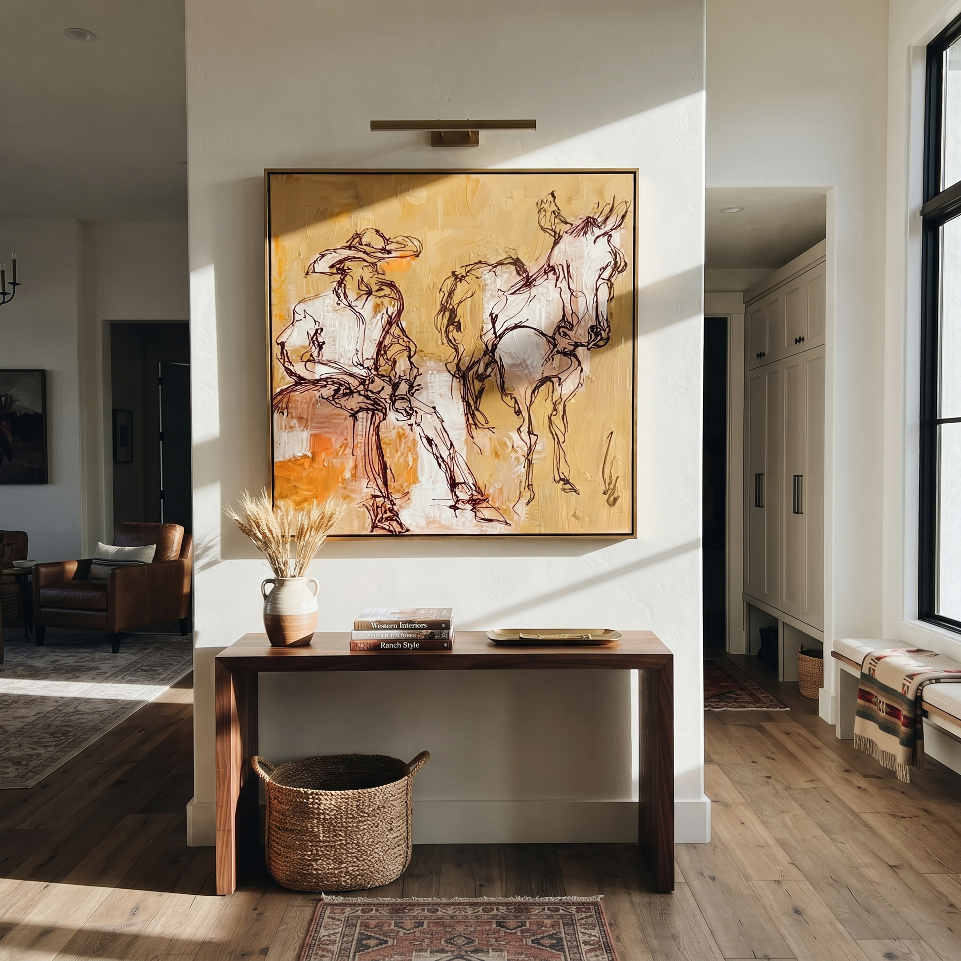 Pale Reins Pause Together - cowboy and white horse painting by Ethan Mercer, contemporary Western square wall art – styled room scene view 4