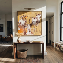 Pale Reins Pause Together - cowboy and white horse painting by Ethan Mercer, contemporary Western square wall art – styled room scene view 4