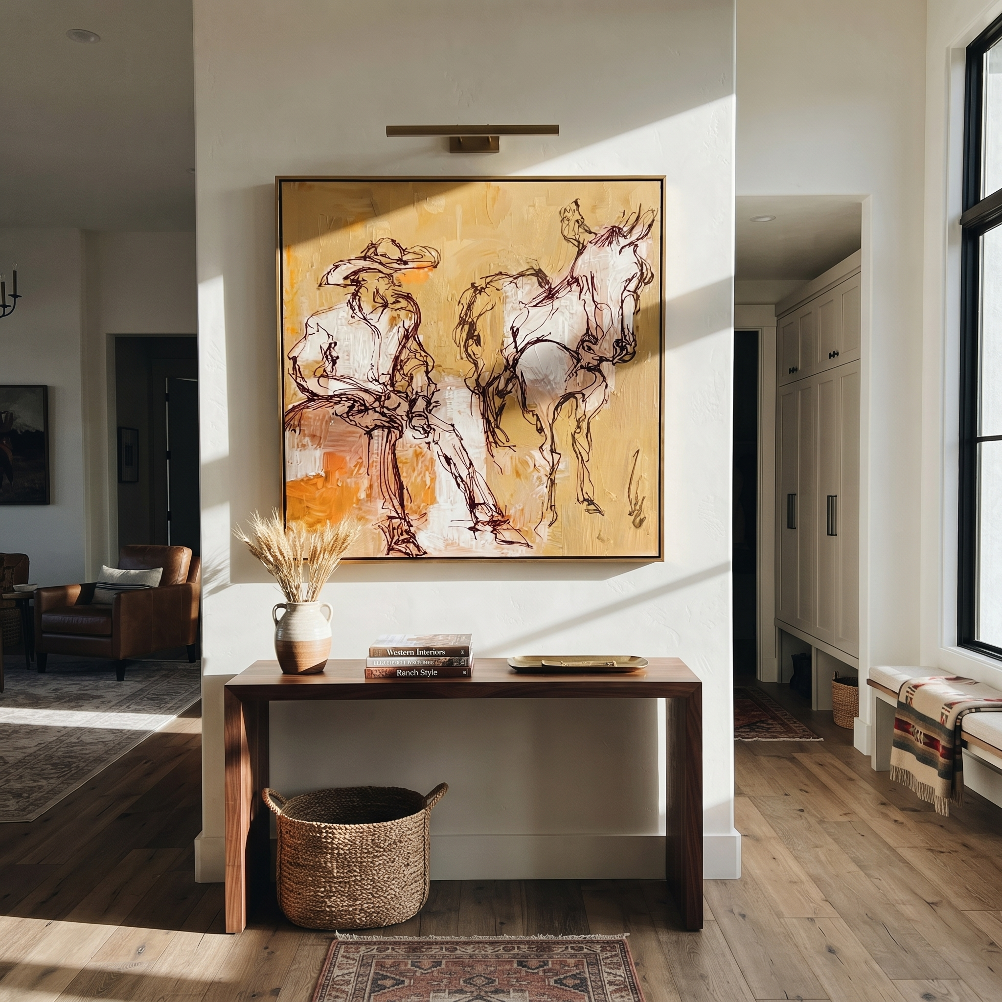 Pale Reins Pause Together - cowboy and white horse painting by Ethan Mercer, contemporary Western square wall art – styled room scene view 4