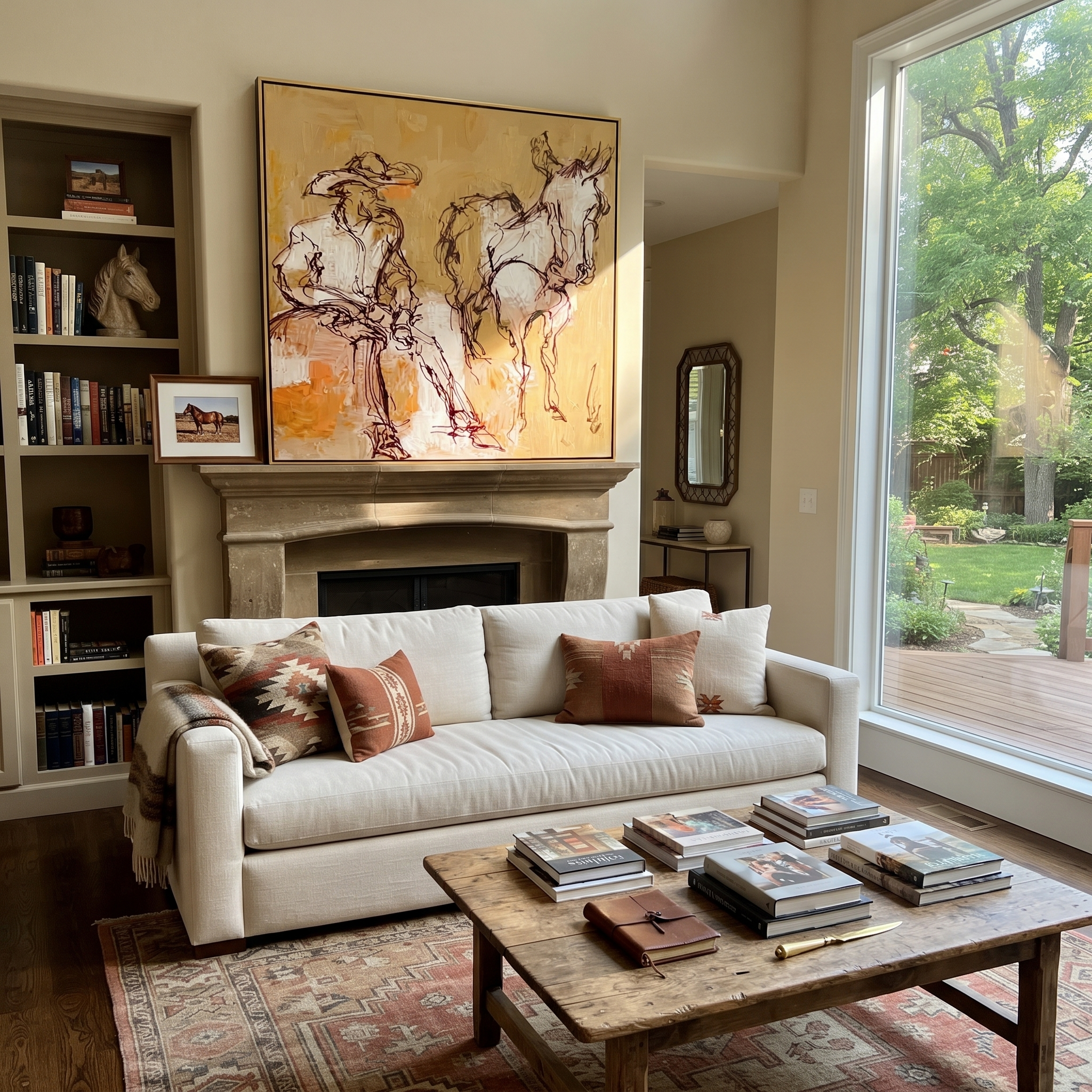 Pale Reins Pause Together - cowboy and white horse painting by Ethan Mercer, contemporary Western square wall art – styled room scene view 5