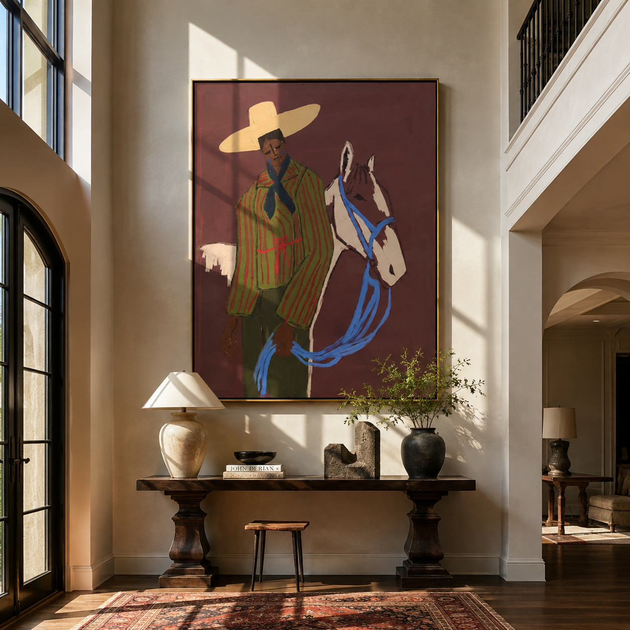 Blue Reins Cross Burgundy - striped cowboy and horse painting by Ethan Mercer, contemporary Western vertical wall art – styled room scene view 1