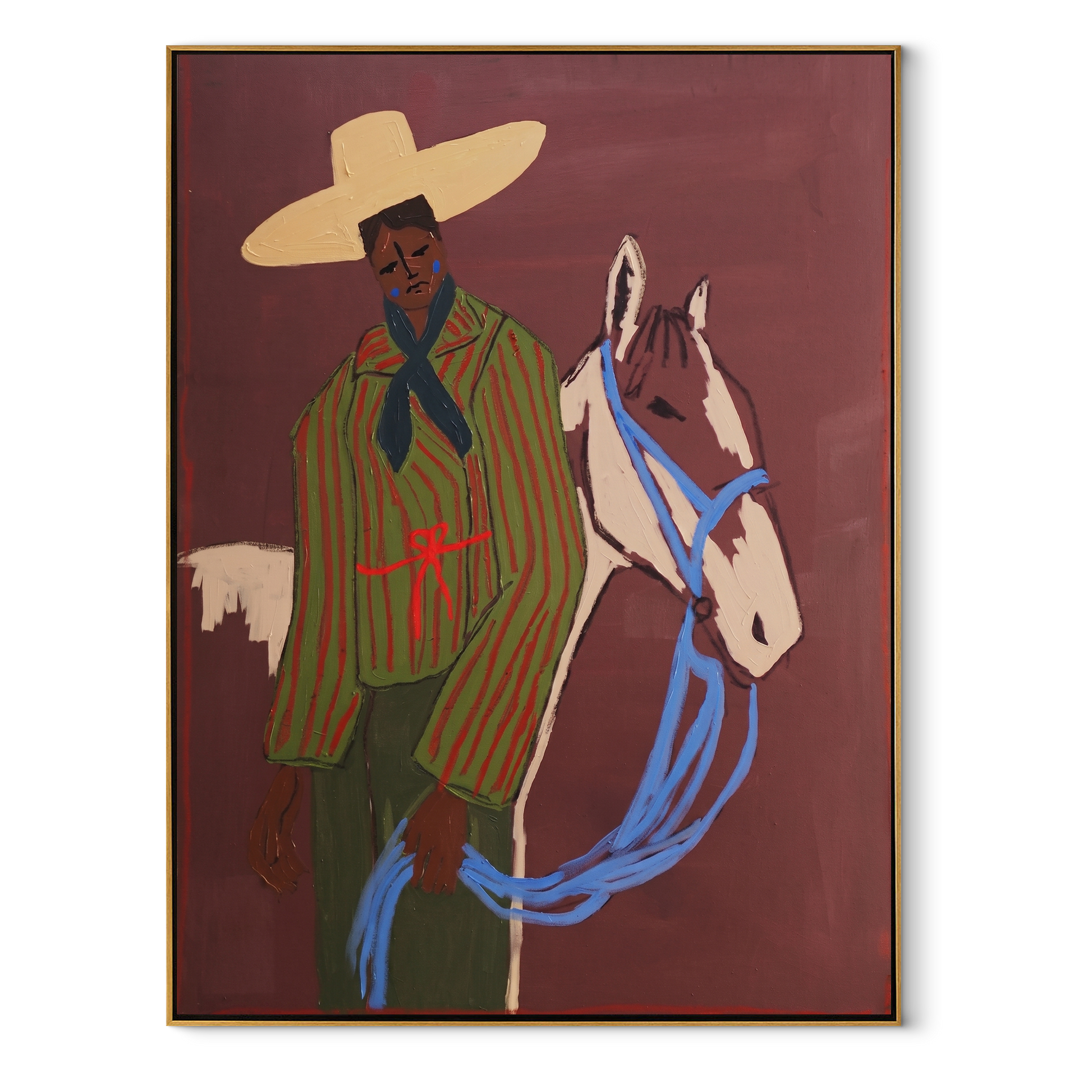 Blue Reins Cross Burgundy - striped cowboy and horse painting by Ethan Mercer, contemporary Western vertical wall art – wood frame on white background