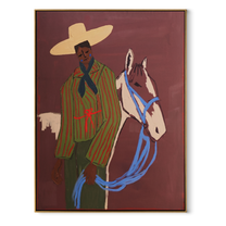 Blue Reins Cross Burgundy - striped cowboy and horse painting by Ethan Mercer, contemporary Western vertical wall art – wood frame on white background