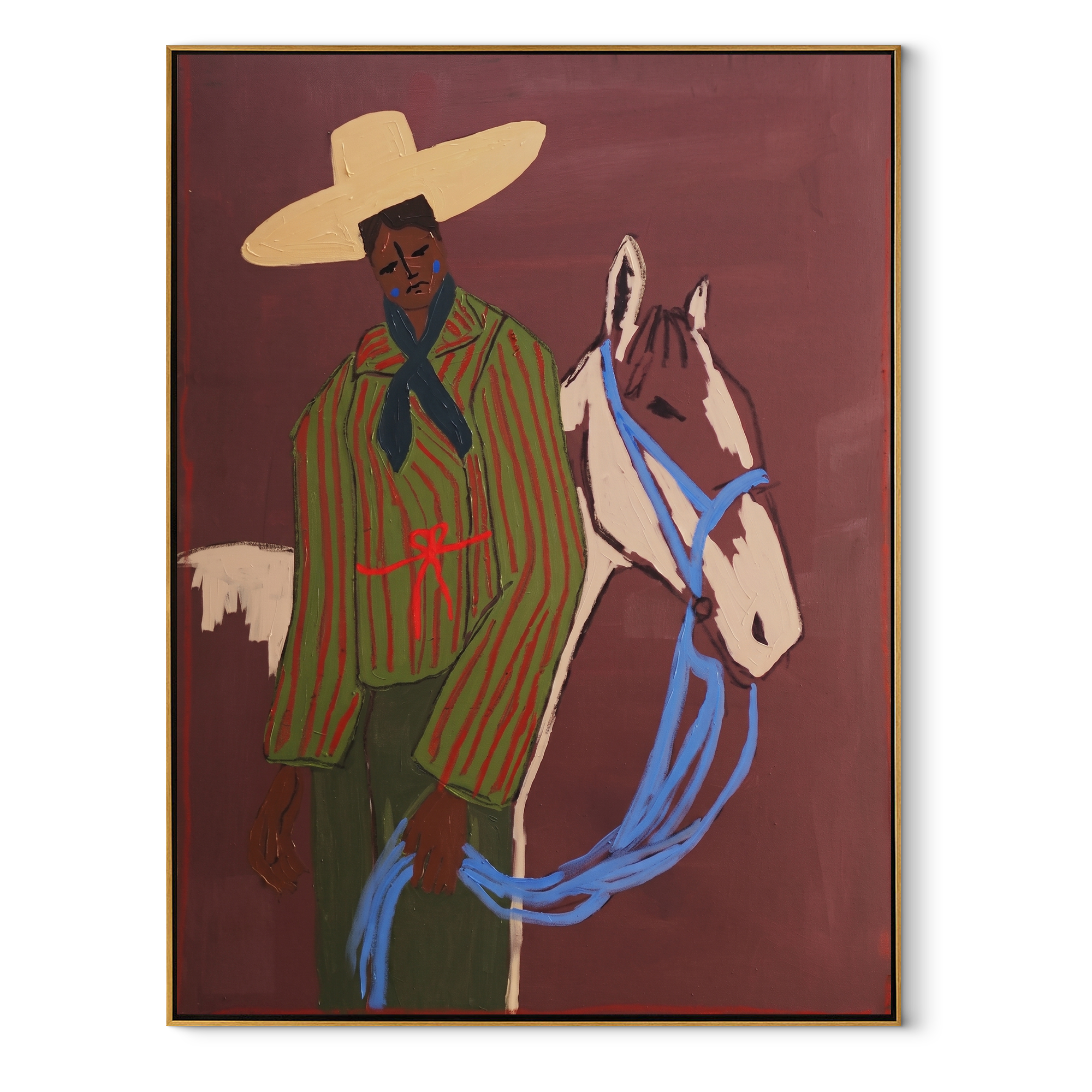 Blue Reins Cross Burgundy - striped cowboy and horse painting by Ethan Mercer, contemporary Western vertical wall art – wood frame on white background