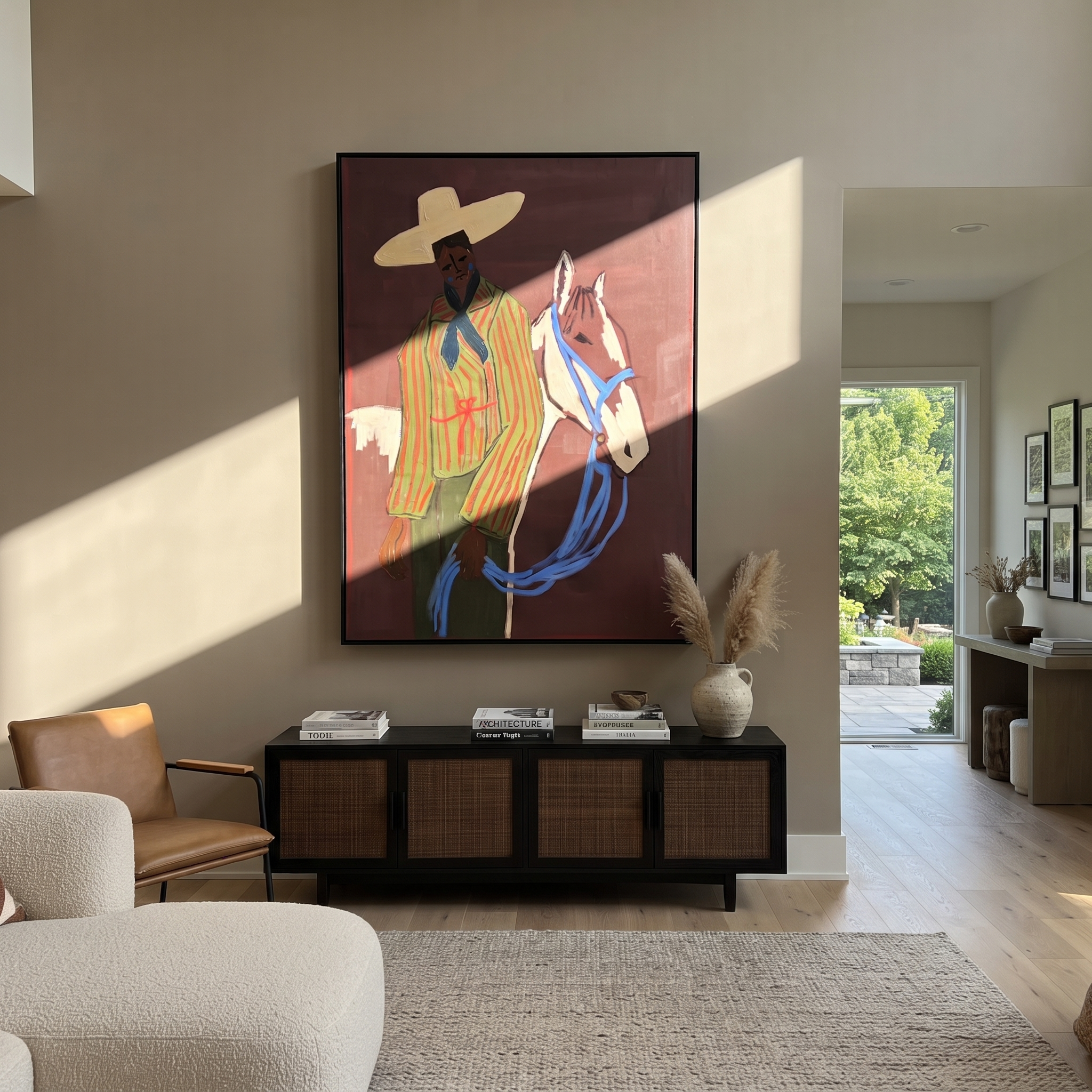 Blue Reins Cross Burgundy - striped cowboy and horse painting by Ethan Mercer, contemporary Western vertical wall art – styled room scene view 2