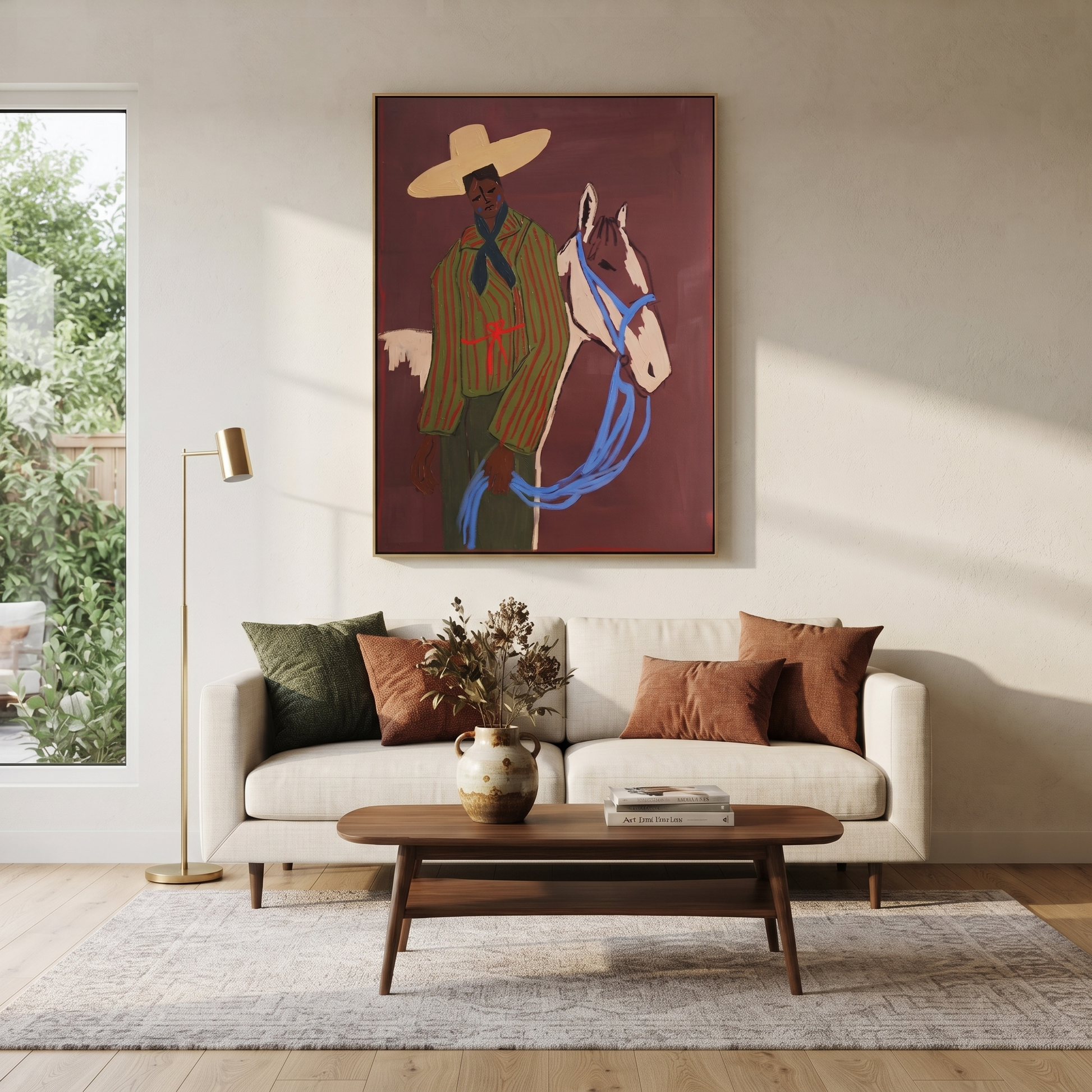 Blue Reins Cross Burgundy - striped cowboy and horse painting by Ethan Mercer, contemporary Western vertical wall art – styled room scene view 3