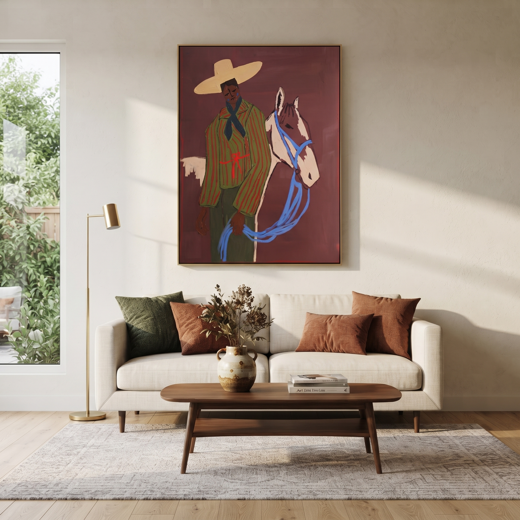 Blue Reins Cross Burgundy - striped cowboy and horse painting by Ethan Mercer, contemporary Western vertical wall art – styled room scene view 3