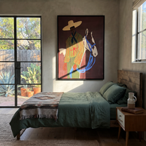Blue Reins Cross Burgundy - striped cowboy and horse painting by Ethan Mercer, contemporary Western vertical wall art – styled room scene view 4