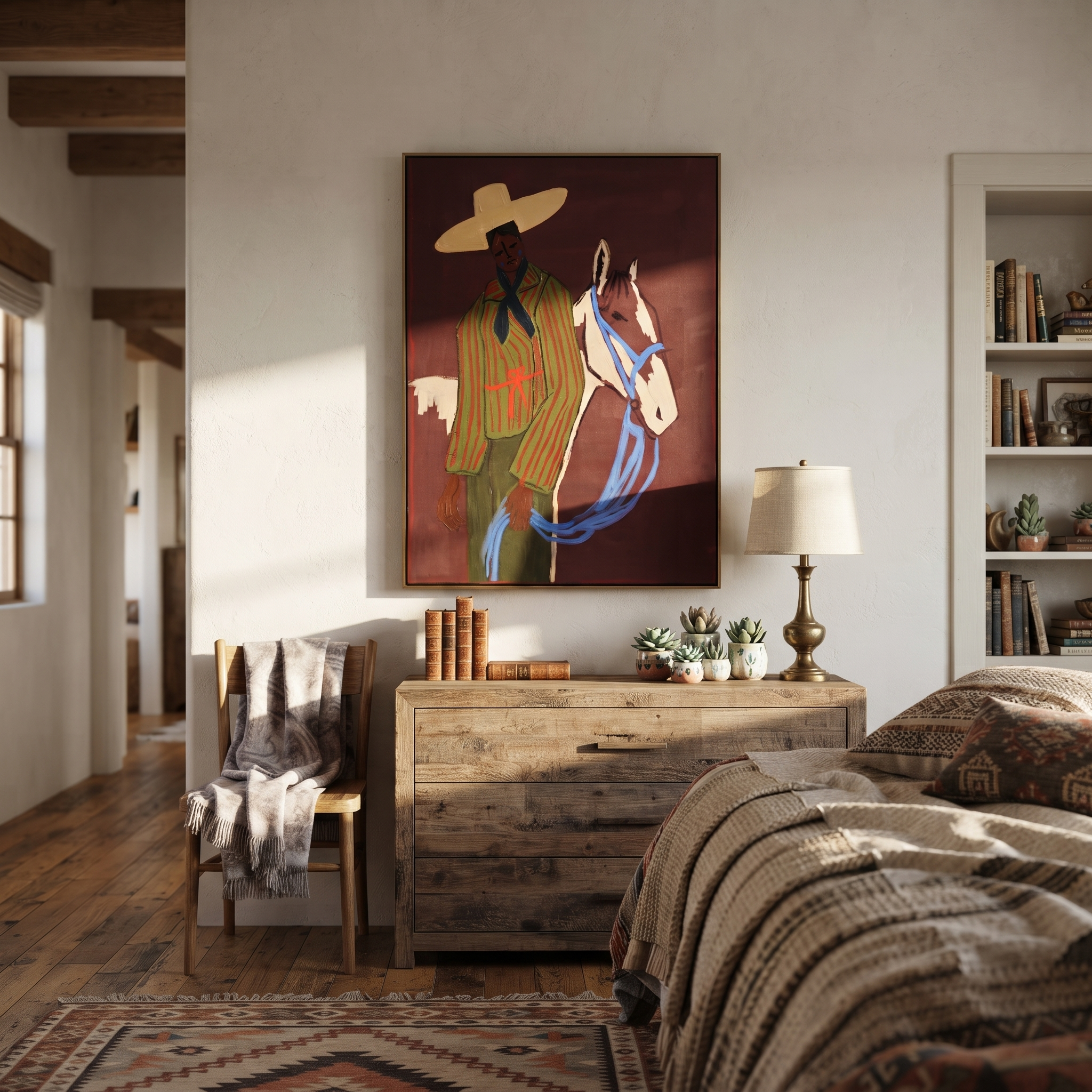 Blue Reins Cross Burgundy - striped cowboy and horse painting by Ethan Mercer, contemporary Western vertical wall art – styled room scene view 5