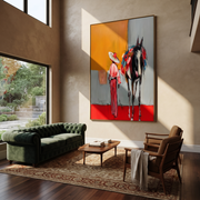 Red Hem Greets Midnight - cowgirl and black horse painting by Ethan Mercer, contemporary Western vertical wall art – styled room scene view 1